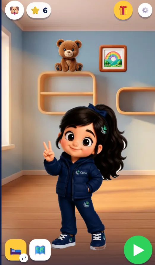 Tela do jogo A Casa da Aninha: a Aninha no seu quarto, com urso de pelúcia na prateleira, quadro de arco-íris, contador de estrelas e botão verde de jogar